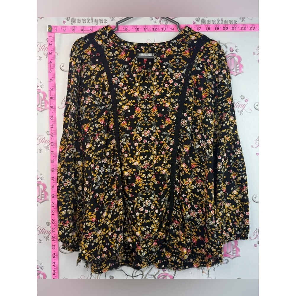 Floral Blouse distressed trim Women's Blouse - Black with Yellow & Pink Floral